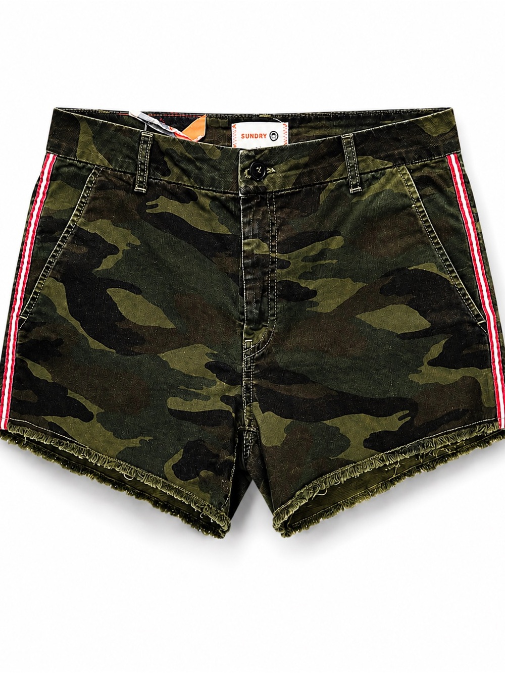 SUNDRY Camo 29 Green Camouflage Pink Side Stripe Frayed Hem Utility Shorts